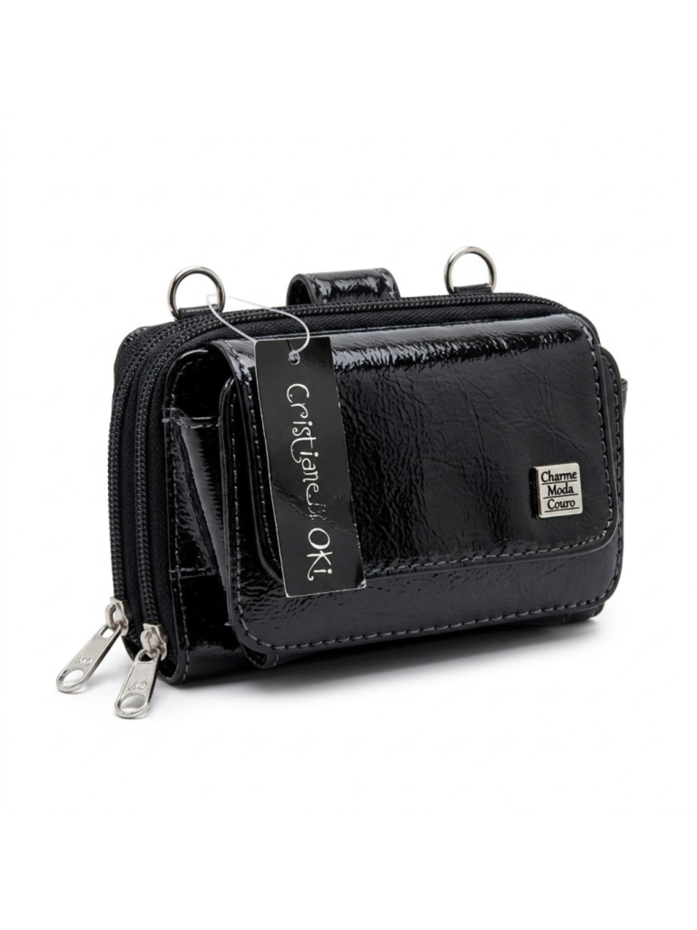 Cristiane Oki Black Leather Crossbody Wallet Bag Charme Moda Couro Brazil Mini